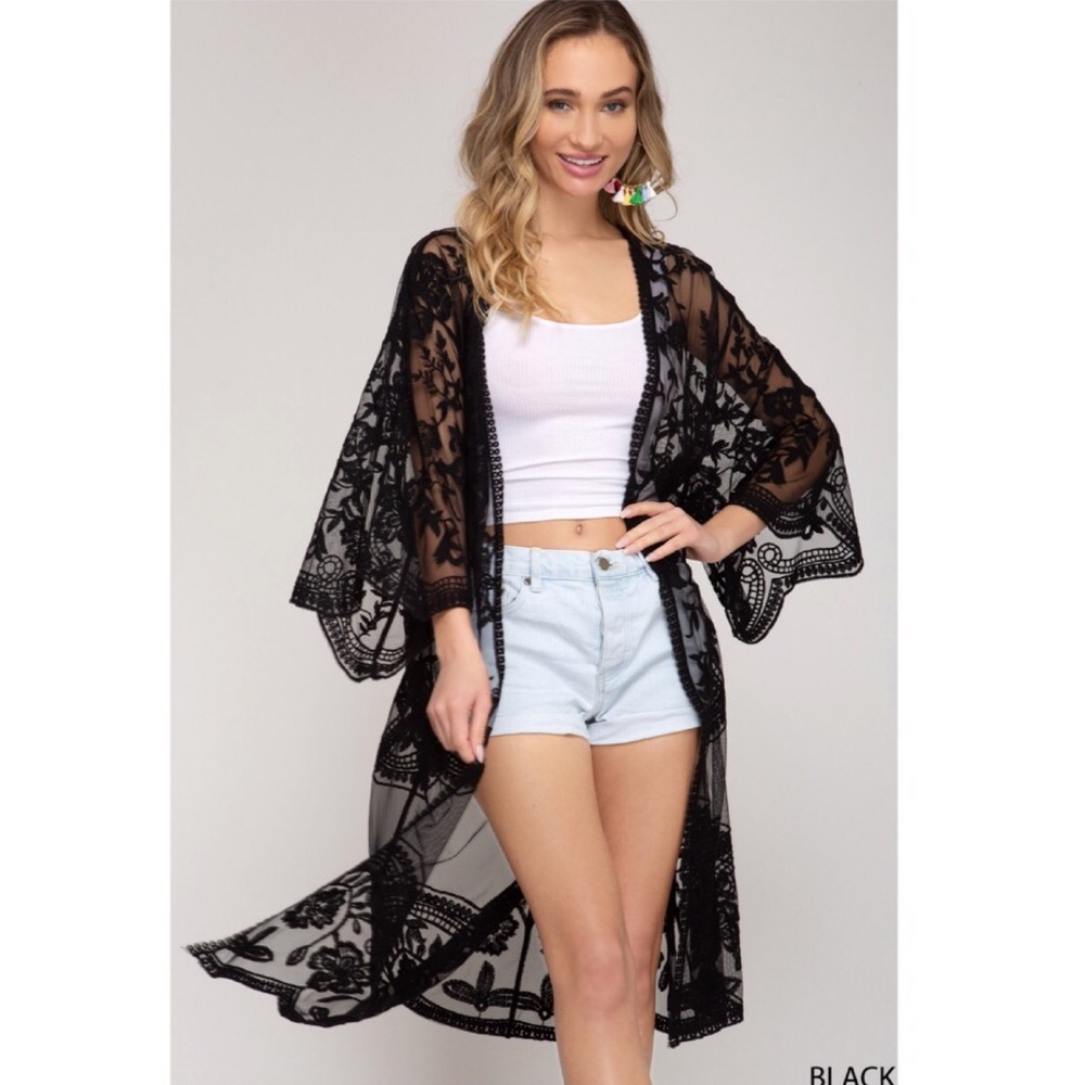 She + Sky Crochet Lace Midi Duster Kimono - Black - Picture 2 of 8